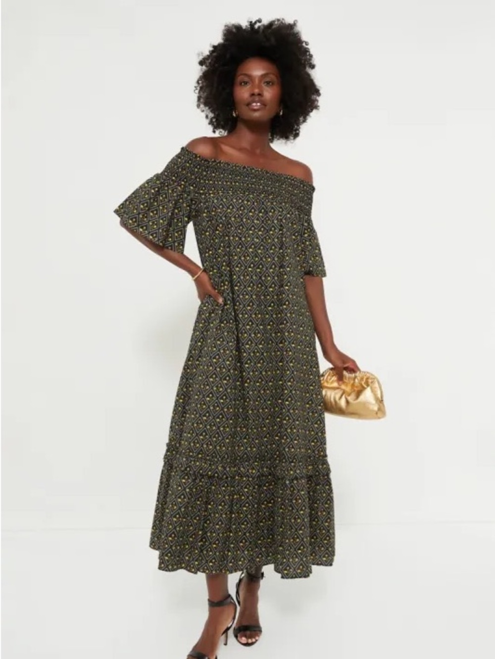 Hyacinth House Capri Midi Dress Black Yellow Floral Smocked Off Shoulder XS